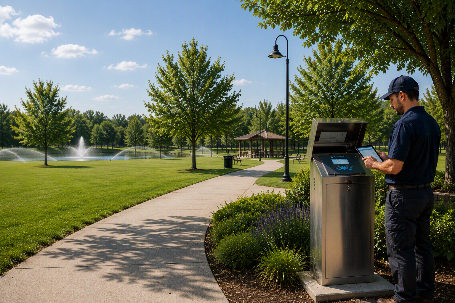 Calsense field technician checking a CS3000 controller on a tablet at a community park while sprinklers run